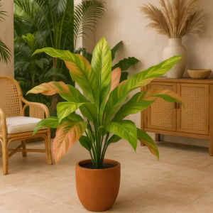 Wooden Pot with Green Leaves