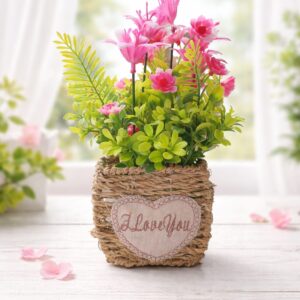 Artificial Pink Flowers in Woven Basket Pot, 'I Love You' Heart Patch, Home Decor Gift
