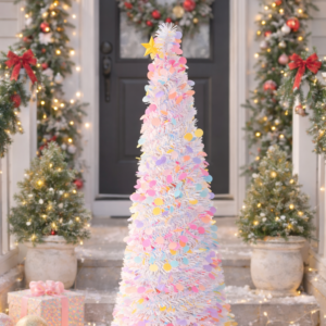 White Natural Tree with Multicolor, with Height of 5 Feet Pre-Lit Artificial Tree, Star Topper, Holiday Decoration