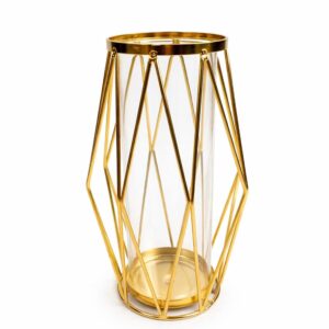 Gold Geometric Vase with Glass Insert, Metal Wire Frame, 25Cm Height with 12Cm Diameter, Modern Home Decor with Glass Inside