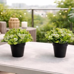 Artificial Plant in Pot, Green and White Flowers, Black Planter, 6 Inches Height, 5.5 Inches Width, Home Decor (Pack of 2)