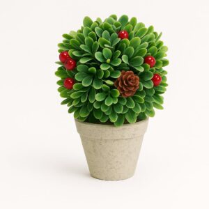 Artificial Succulent Plant with Red Berries and Pinecone, Decorative Potted Plant in Grey Cement Planter