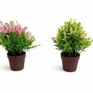 Artificial Lavender Plant with Pot, Pink and Cream Flowers, Green Foliage, Brown Pot, 9.5 x 8 Inches, Set of 2, Home Decor