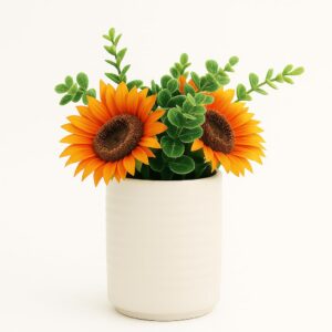 Good Luck Artificial Sunflower Arrangement with Eucalyptus in White Ceramic Vase with 3 Sunflowers