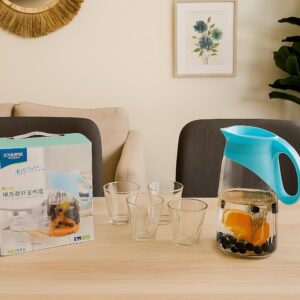 Glass Water Pitcher Gift Set with 4 Drinking Glasses, 20 cm Tall Jug, Turquoise Lid Ideal for Gifting