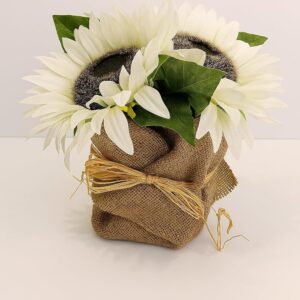 Artificial White Sunflower Arrangement with Burlap Wrap and Raffia Bow, Rustic Home Decor