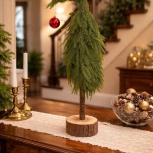 Artificial Neural Big Tree with Wood Base, Green, 70cm Height, Curved Design with Red Ornament, Holiday Decor