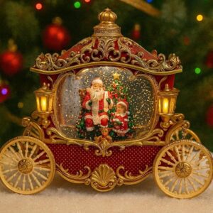 Vintage Musical Snow Globe Carriage, Christmas Holiday Decoration, Gold Ornate Design with LED Lanterns, Victorian Style Water Globe